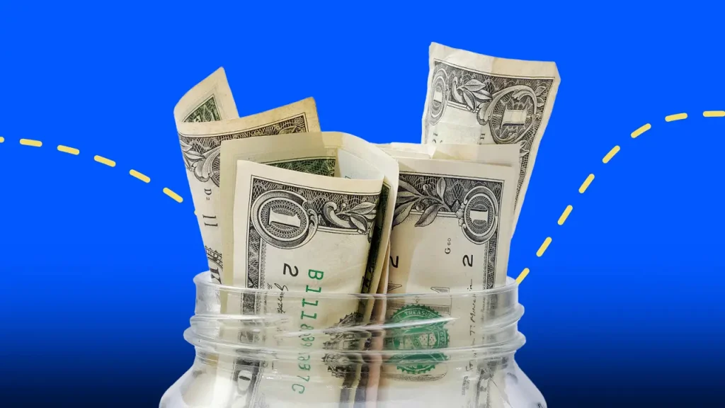 bunch of one dollar banknote in an open jar with blue background