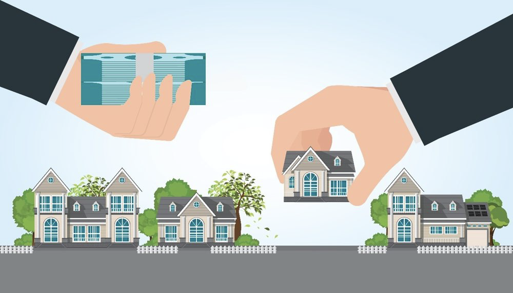 a graphic picture of two hands ,with one hand giving the money and the other giving the house figure 