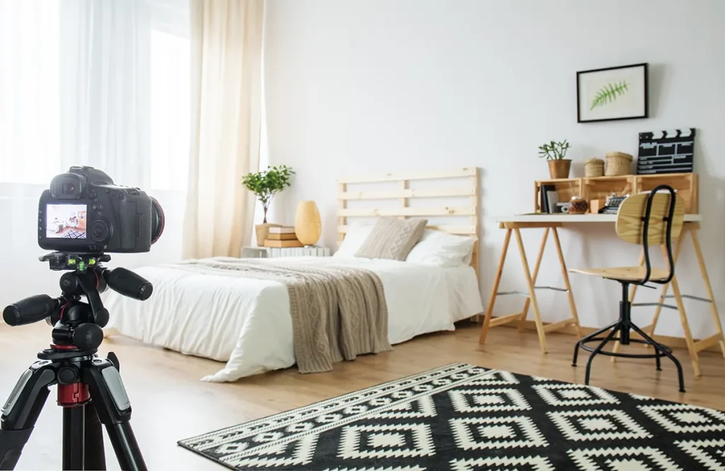 An image capturing a bedroom scene, with a camera positioned to photograph its contents.
